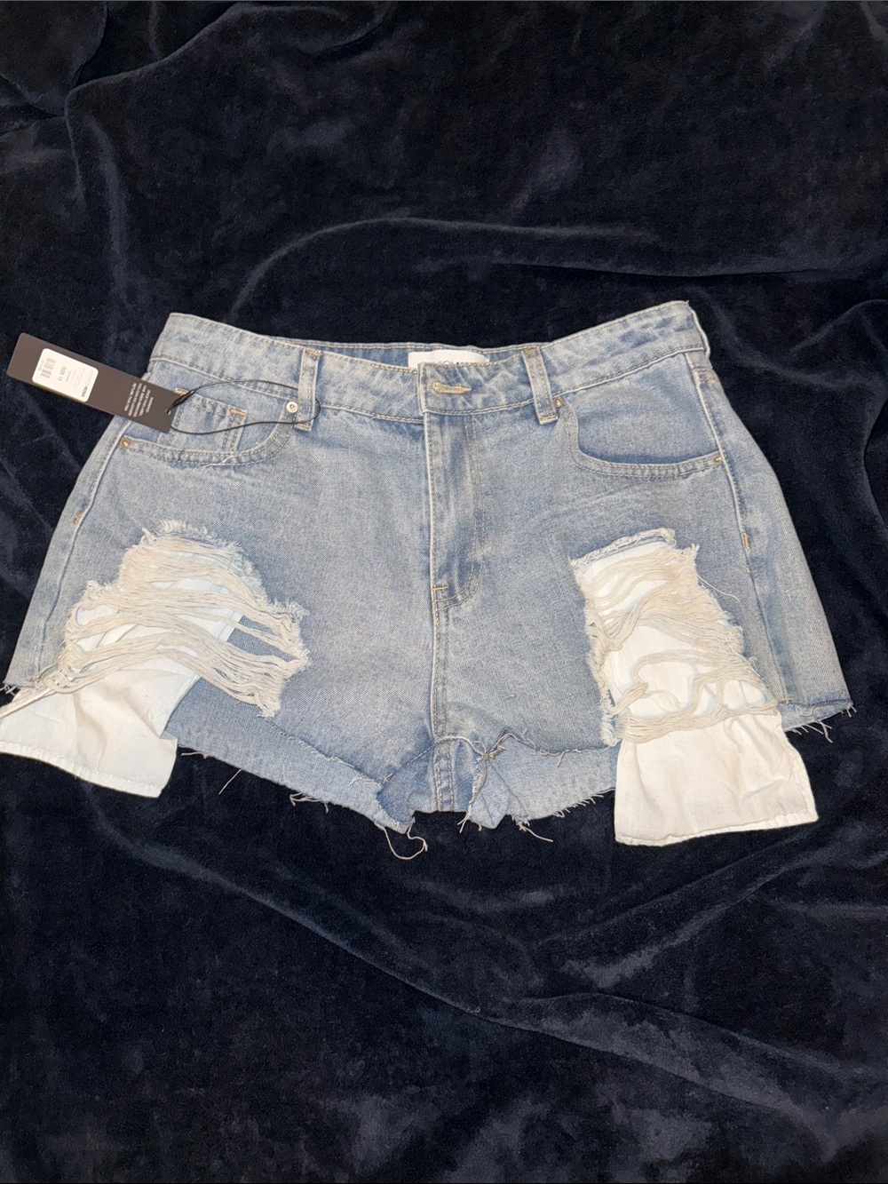 Fashion Nova Light Wash Distressed Denim Shorts with White Panels